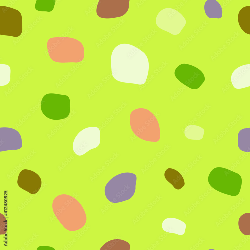 Seamless pattern with big spots. Green, brown, pink, purple stones, mosaic and terrazzo texture. For decor, textiles, fabrics, packaging, wrapping paper, wallpaper, design, banners, templates