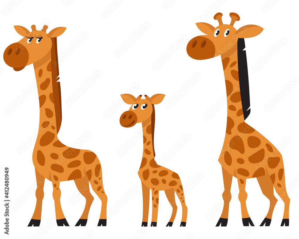 Giraffe family three quarter view. African animals in cartoon style ...