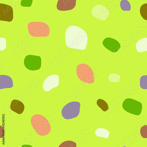 Seamless pattern with big spots. Green, brown, pink, purple stones, mosaic and terrazzo texture. For decor, textiles, fabrics, packaging, wrapping paper, wallpaper, design, banners, templates