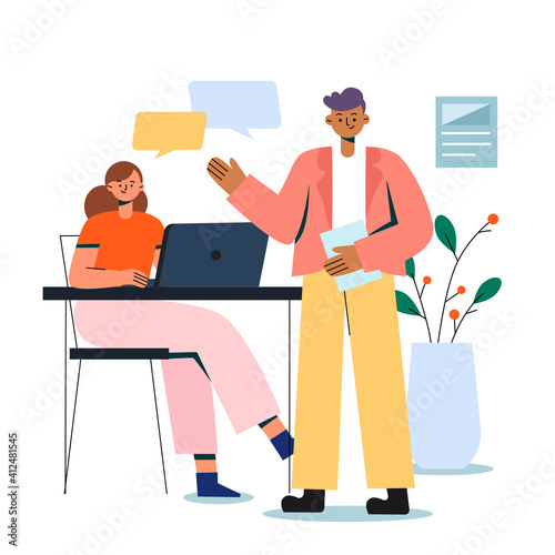 the illustration of men and women discussing their work