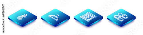 Set Isometric line Sauna thermometer, Hanger wardrobe, wooden bathhouse and slippers icon. Vector.