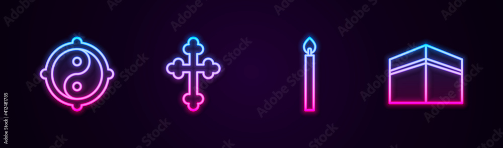 Set line Yin Yang, Christian cross, Burning candle and Kaaba mosque. Glowing neon icon. Vector. Set line Yin Yang, Christian cross, Burning candle and Kaaba mosque. Glowing neon icon. Vector.