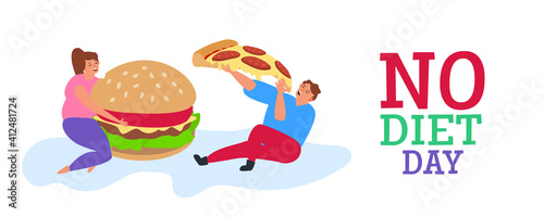 international no diet day man and woman eating big burger and pepperoni pizza slice vector illustration