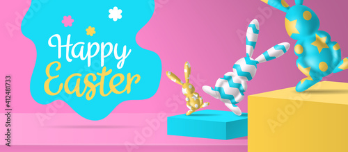 happy easter banner design  3d   decorated bunny figures on podiums  vector illustration