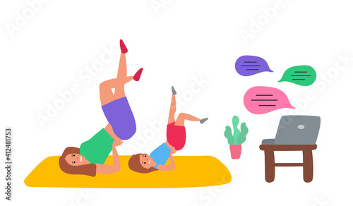 mother and daughter exercising at home onlie training with laptop vector illustration