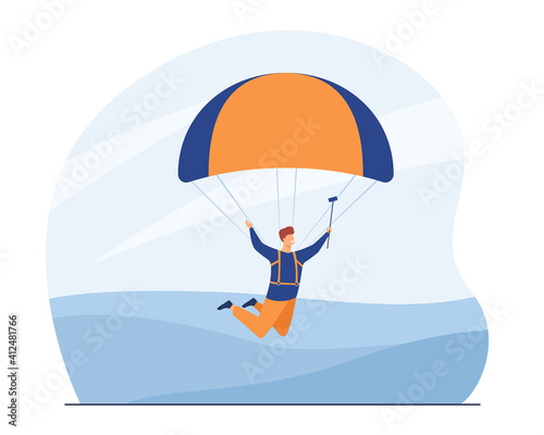 Cheerful guy taking selfie and flying with parachute. Smartphone, backpack, sky flat vector illustration. Extreme sport and lifestyle concept for banner, website design or landing web page