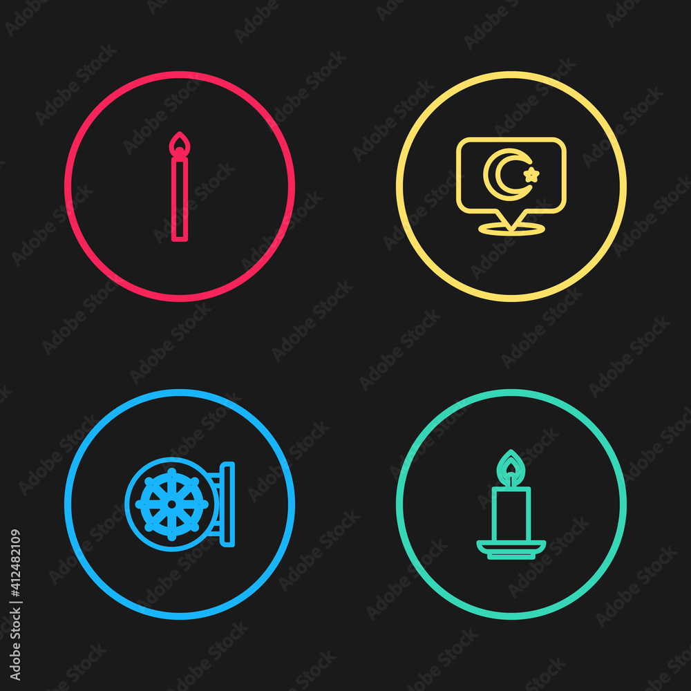 Set line Dharma wheel, Burning candle, Star crescent and icon. Vector. Set line Dharma wheel, Burning candle, Star crescent and icon. Vector.