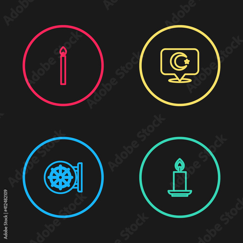Set line Dharma wheel, Burning candle, Star crescent and icon. Vector.