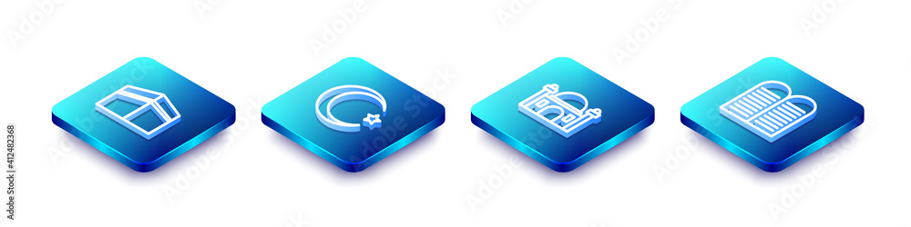 Set Isometric line Kaaba mosque, Star and crescent, Muslim Mosque and The commandments icon. Vector.