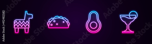 Set line Pinata, Taco with tortilla, Avocado fruit and Margarita cocktail. Glowing neon icon. Vector.