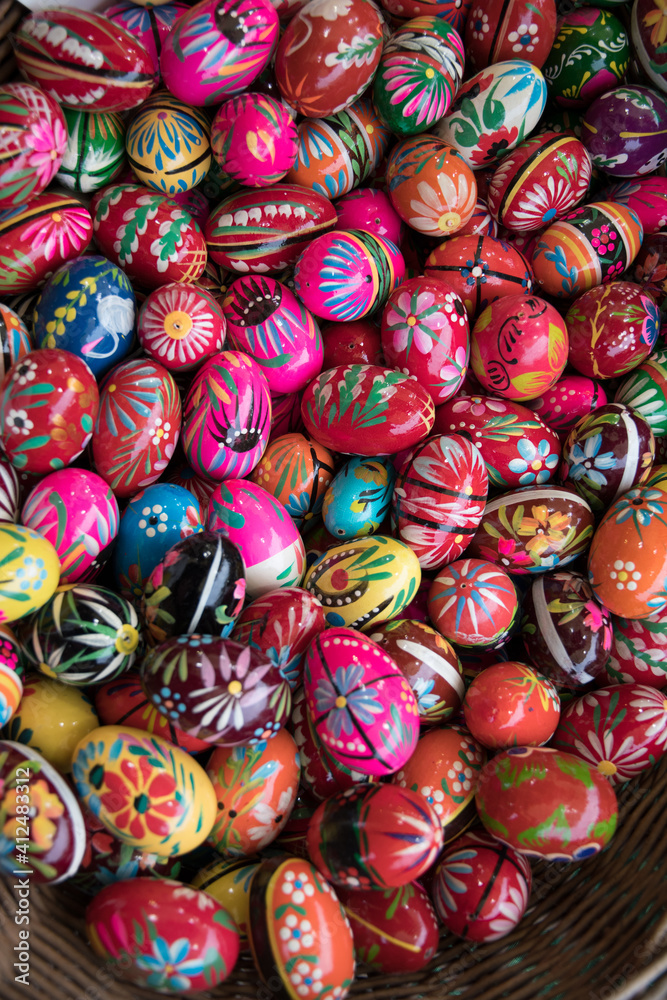 Colored wooden eggs in krakow Poland