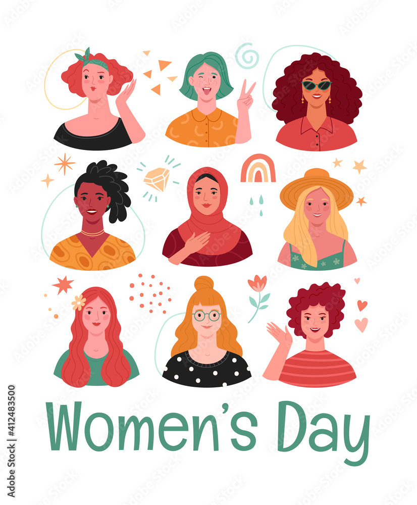 Women's Day greeting card. Vector illustration of diverse multi ethnic cartoon women portraits in modern flat style. Isolated on white background with abstract elements Women's Day greeting card. Vector illustration of diverse multi ethnic cartoon women portraits in modern flat style. Isolated on white background with abstract elements