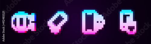 Set line Phone repair service, Shockproof phone, and . Glowing neon icon. Vector.