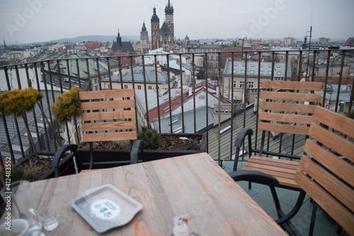 saint cathedral city in Krakow Poland from a cafe