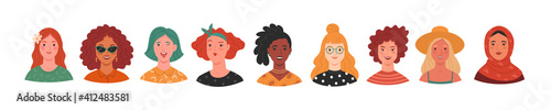 Women's portraits collection. Vector illustration of diverse cartoon women faces in trendy flat style. Isolated on background