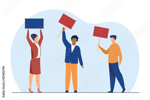 Various people standing on rally with placards. Copy space, democracy, meeting flat vector illustration. Social position and protest concept for banner, website design or landing web page