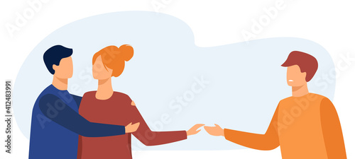 Girlfriend cheating her boyfriend with another man. Lover, husband, infidelity flat vector illustration. Relationship and betrayal concept for banner, website design or landing web page