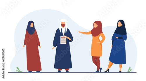 Muslim couple concluding marriage contract. Agreement, wife, husband flat vector illustration. Tradition and relationship concept for banner, website design or landing web page
