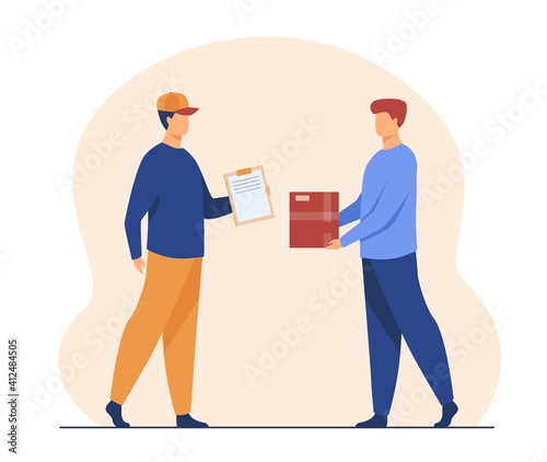 Deliveryman giving parcel to customer. Courier, box, clipboard flat vector illustration. Delivery and post service concept for banner, website design or landing web page