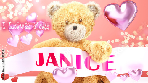 I love you Janice - cute and sweet teddy bear on a wedding, Valentine's or just to say I love you pink celebration card, joyful, happy party style with glitter and red and pink hearts, 3d illustration © GoodIdeas