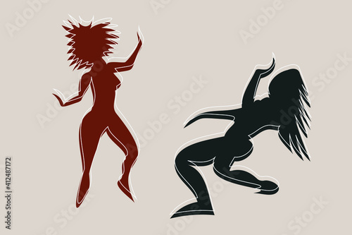 Abstract cool and energetic illustration of Zumba afro dance. Two fictional female characters dance together in different poses.  Angular and amorphous figures in muted coffee colors of brown and gray