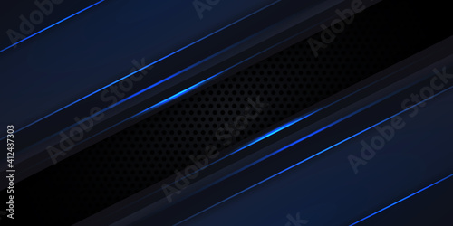 Blue luminous lines and highlights on black carbon fiber techno background. Dark carbon fiber on technology futuristic elegance luxury modern gaming background. Vector illustration EPS10.