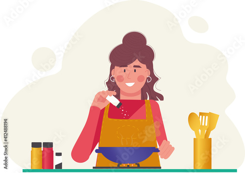 Vector hand drawn illustration in flat style. A girl in an apron is cooking. Frying pan wok on the stove. Asian cuisine. Kitchen utensils, spices and sauces, ingredients. Homemade food, dinner, cozy a