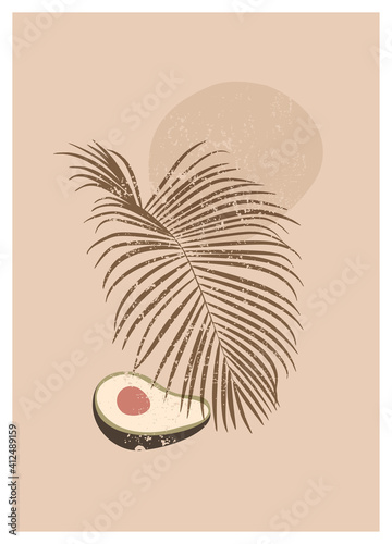 Vector boho aesthetic artistic abstract botanical wall art poster print. Scandinavian design, neutral natural colors. Bohemian avocado collage. Midcentury modernism plant fruit poster art illustration
