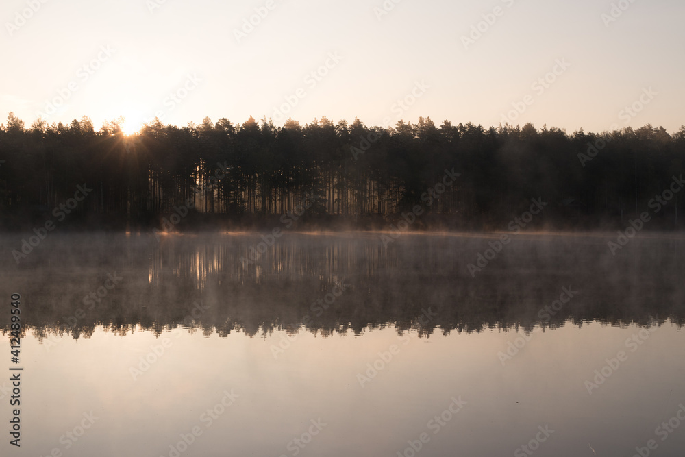 Fototapeta premium Cold summer morning in the forest with lake, forest reflection and mist on the water surface.