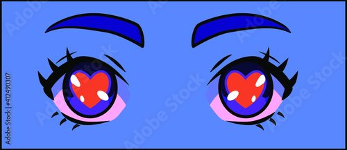 Manga eyes of cartoon female character in love. Vector design for t-shirt graphics, fashion prints, tees, stickers, posters.
