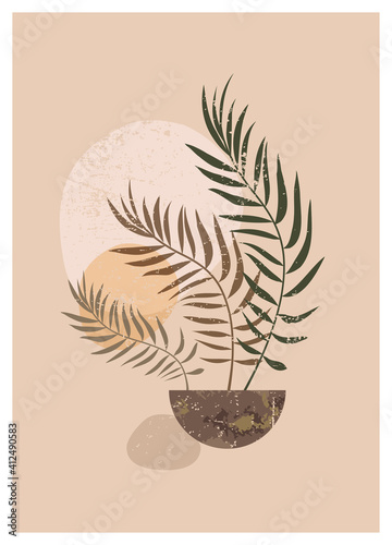 Vector boho aesthetic abstract botanical wall art poster print. Midcentury modernist design, neutral natural colors. Bohemian organic style peaceful tranquil poster, cover. Potted plant illustration