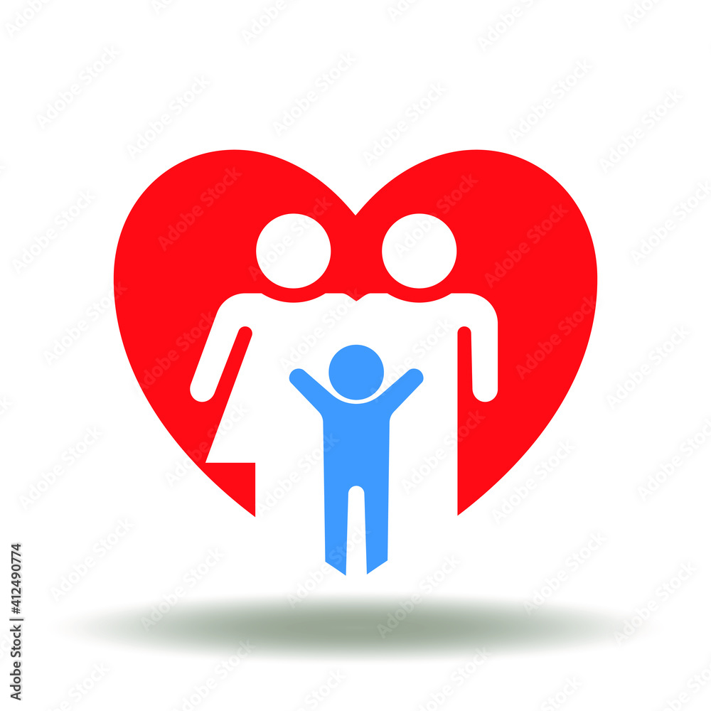 Red heart and happy family vector icon. People care symbol. Safety health sign. Kids and parenting love illustration. Red heart and happy family vector icon. People care symbol. Safety health sign. Kids and parenting love illustration.