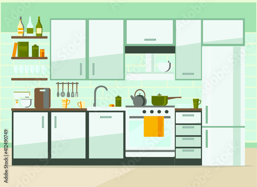 kitchen interior with furniture and equipment , flat vector illustration