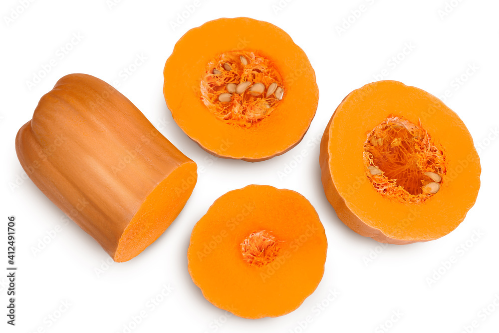 butternut squash piece isolated on white background with clipping path and full depth of field. Top view. Flat lay