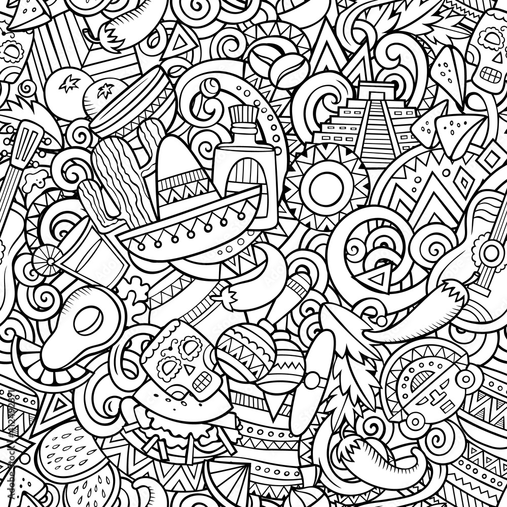 Cartoon doodles Mexico seamless pattern.
