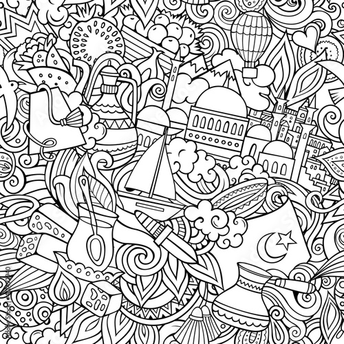 Cartoon doodles Turkey seamless pattern.
