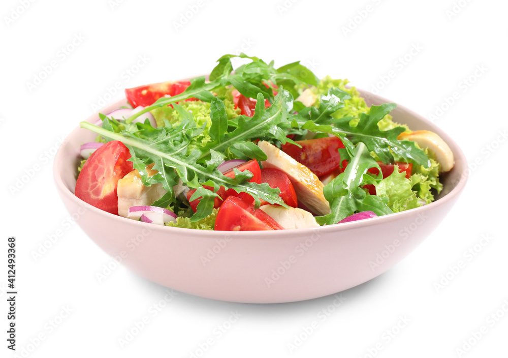 Delicious salad with chicken, arugula and tomatoes in bowl isolated on white