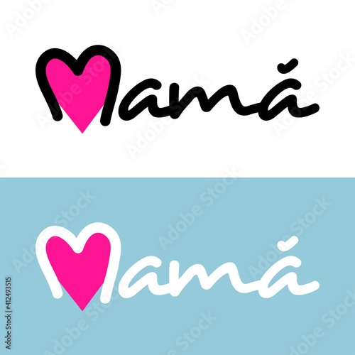 Día de la madre. Logotipo con texto manuscrito mamá en español con corazón rosa en fondo azul y fondo blanco