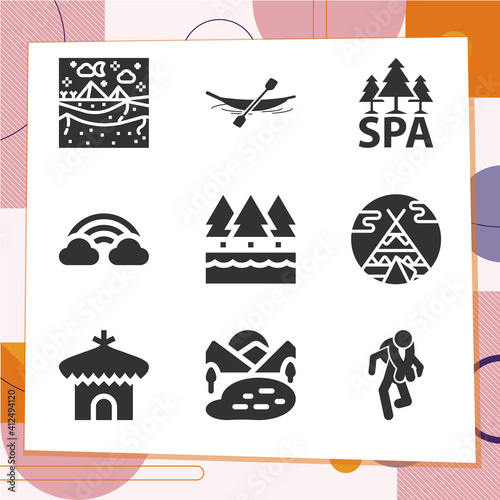 Simple set of 9 icons related to mountains