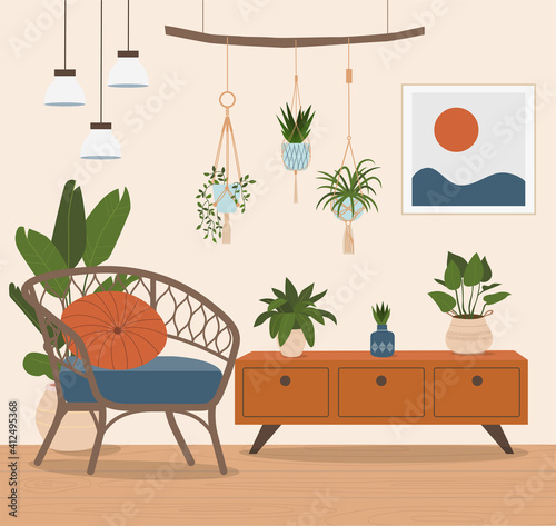 Comfortable rattan chair and house plants. Vector flat style illustration.