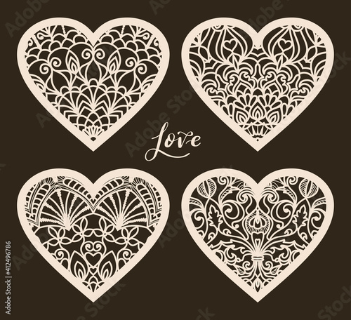 Set of 4 Valentine card or Wedding Invitation with lace pattern. Layout congratulatory card with carved openwork pattern. Pattern suitable for laser cutting, plotter cutting or printing	
