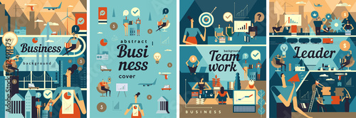 Business illustration. Set of flat vector illustrations. Business processes, teamwork, office work. Large panorama with cityscapes and business people.