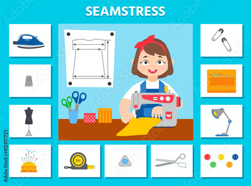 Game for kids. Seamstress. Profession cards. Preschool worksheet activity. Children funny riddle entertainment for the development of logical thinking. Vector Illustration