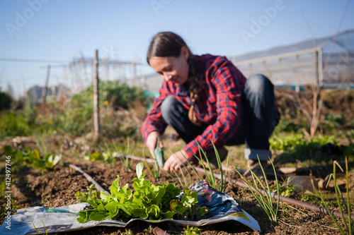 Young woman gardening in urban garden, concept sustainability and authentic lifestyle