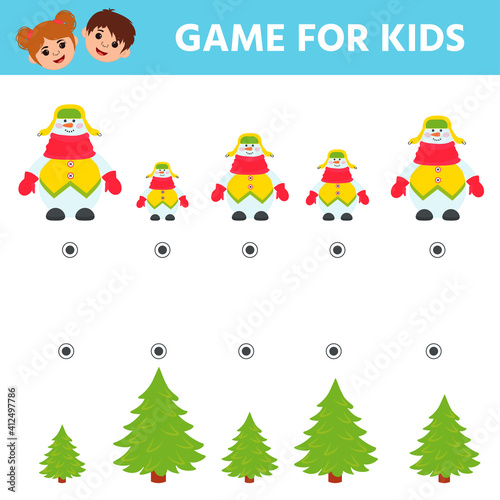 Game for kids.Connect the height of the snowman and the Christmas tree. Preschool worksheet activity. Children funny riddle entertainment for the development of logical thinking.