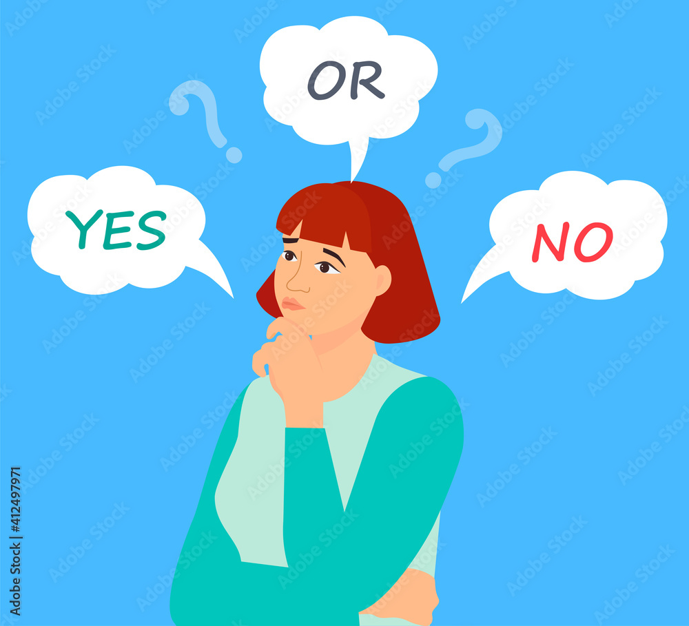 Young pensive woman making and question mark. Concept of thoughtful lady, about problems, finance, life, relationship etc. Woman doubts. Cartoon vector illustration Young pensive woman making and question mark. Concept of thoughtful lady, about problems, finance, life, relationship etc. Woman doubts. Cartoon vector illustration