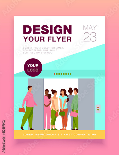 Man coming into overcrowded elevator cabin. Building hall, open doors flat vector illustration. Crowd, people in public place, social distance concept for banner, website design or landing web page