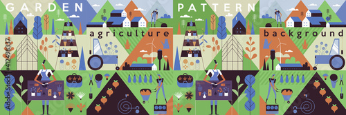 Garden, Agriculture. People are engaged in agriculture, gardening and farming. Rural landscape and farm and agriculture objects.People grow vegetables, work in the garden. Flat vector illustration.