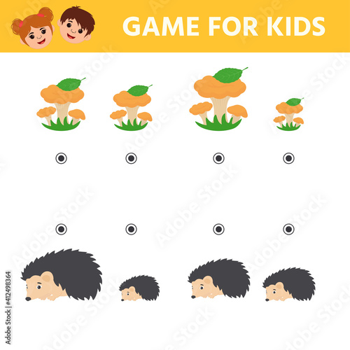 Game for kids. Match the height of the hedgehog and the mushroom. Preschool children worksheet activity and toddlers with cute animal. Vector illustration