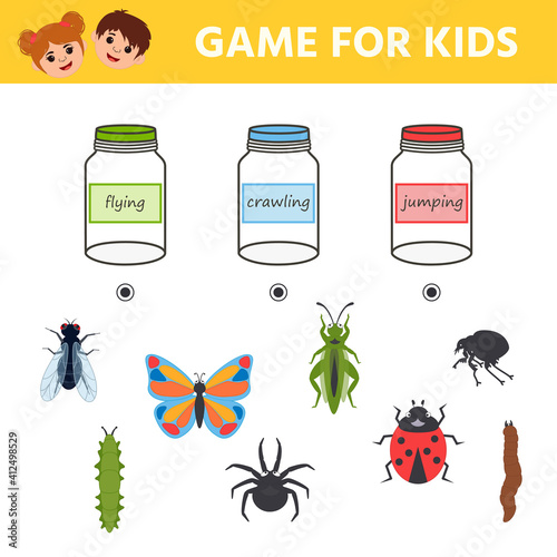 Game for kids. Distribute the insects to the jars. Flies, crawls, jumps. Preschool children worksheet activity and toddlers with cute insects.